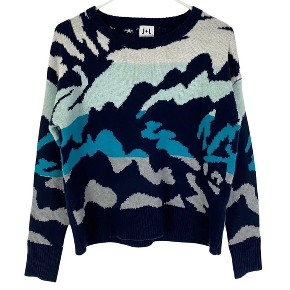 John & Jenn Sweater Deep Ocean Abstract Pullover Jumper Womens Size XS Crewneck - Picture 1 of 7